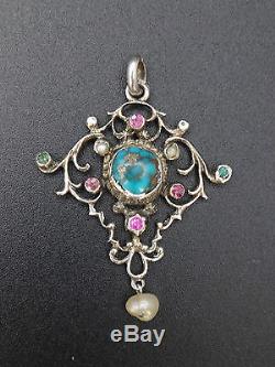 Superbe pendentif ancien argent massif turquoise pierres et perle baroque XIXeme