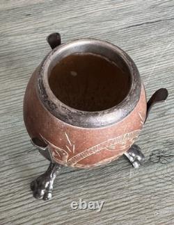 Tasse à maté thé ancienne argent massif Argentine noix sculpté 92g Vintage