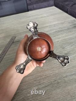 Tasse à maté thé ancienne argent massif Argentine noix sculpté 92g Vintage