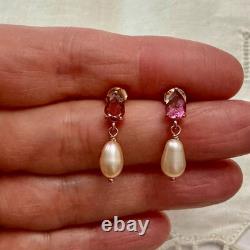 Tourmaline Perle Rose Anciennes Boucles D'oreilles Argent Massif Vermeil