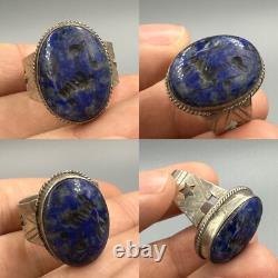Très ancienne bague romaine ancienne en argent massif lapis-lazuli avec taill