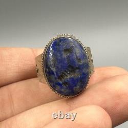 Très ancienne bague romaine ancienne en argent massif lapis-lazuli avec taill