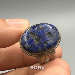 Très ancienne bague romaine ancienne en argent massif lapis-lazuli avec taill