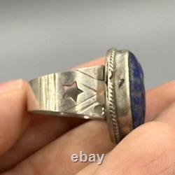 Très ancienne bague romaine ancienne en argent massif lapis-lazuli avec taill