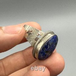 Très ancienne bague romaine ancienne en argent massif lapis-lazuli avec taill