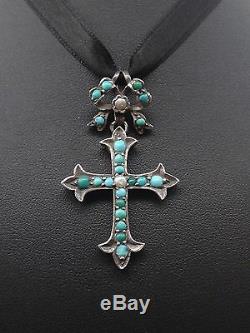 Très belle ancienne croix argent massif cabochons de turquoise et perles