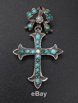 Très belle ancienne croix argent massif cabochons de turquoise et perles