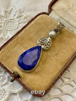 VERITABLE ENORME SAPHIR, PERLE, ARGENT Massif, BEAU ANCIEN PENDENTIF