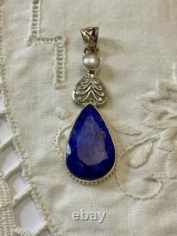 VERITABLE ENORME SAPHIR, PERLE, ARGENT Massif, BEAU ANCIEN PENDENTIF