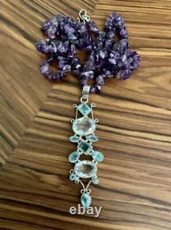 Véritable Améthyste, Topaze Bleue / Mystique, Argent Massif, Ancien Collier
