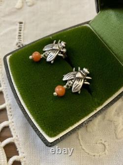 Véritable Corail Argent Massif, Anciennes Boucles D'oreilles