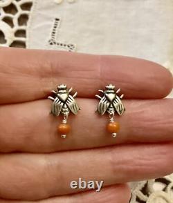 Véritable Corail Argent Massif, Anciennes Boucles D'oreilles