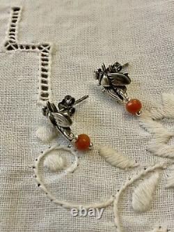 Véritable Corail Argent Massif, Anciennes Boucles D'oreilles