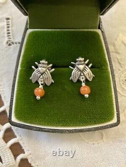 Véritable Corail Argent Massif, Anciennes Boucles D'oreilles