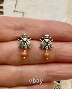 Véritable Corail Argent Massif, Anciennes Boucles D'oreilles