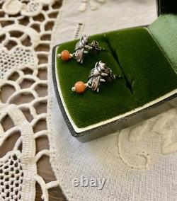 Véritable Corail Argent Massif, Anciennes Boucles D'oreilles