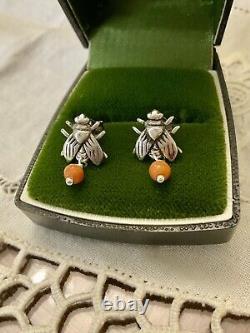 Véritable Corail Argent Massif, Anciennes Boucles D'oreilles