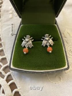 Véritable Corail Argent Massif, Anciennes Boucles D'oreilles